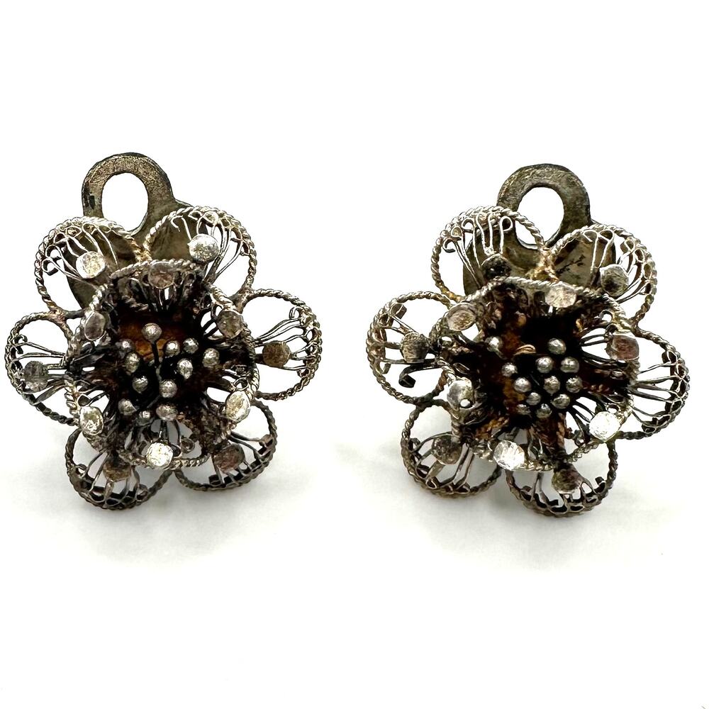 Antique vintage 800 silver handmade filigree flowers floral clip on earrings